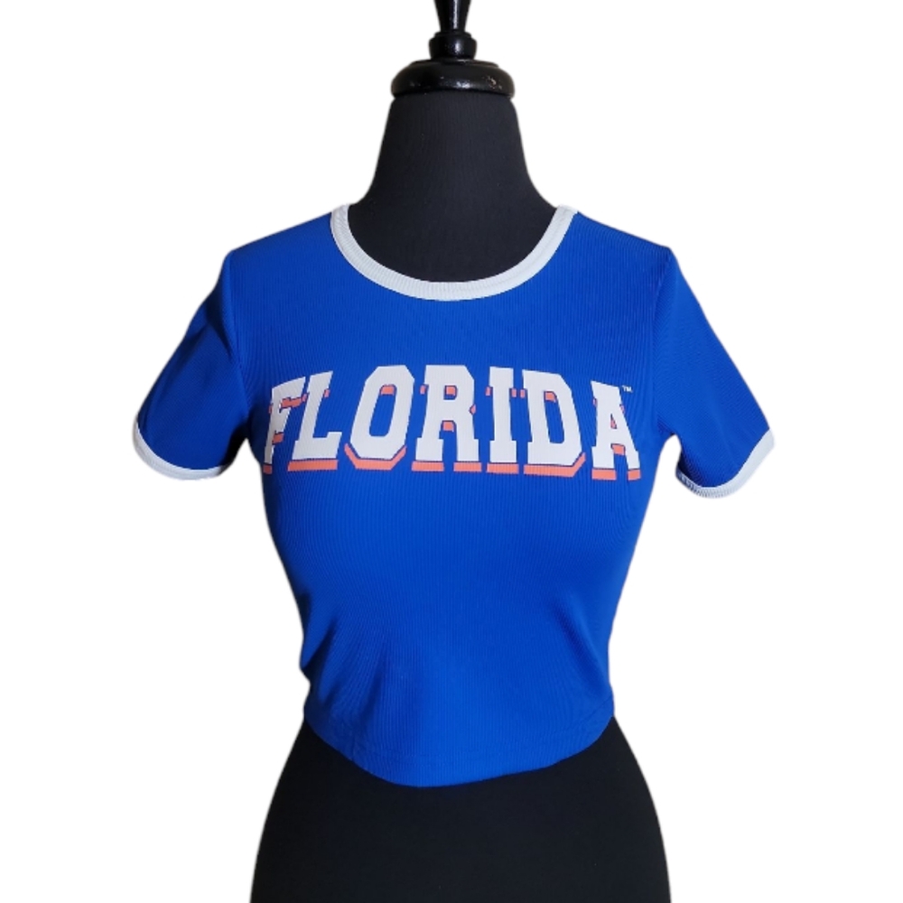 ZooZatz Florida graphic crop top blue white short sleeve retro Y2K women"s small